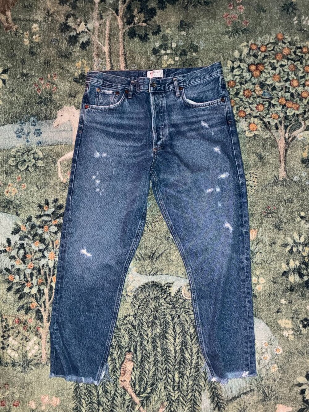 AGOLDE Feel Good Jeans Size 31 Blue High Rise Distressed Button Fly Raw Hem